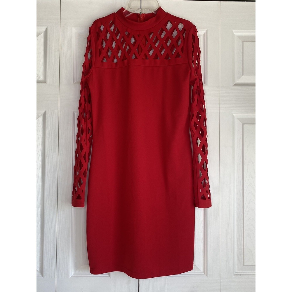 Red Sheath Dress Knee Length Fishnet Arms Cutout Diamond K. Jordan Mock Neck M
